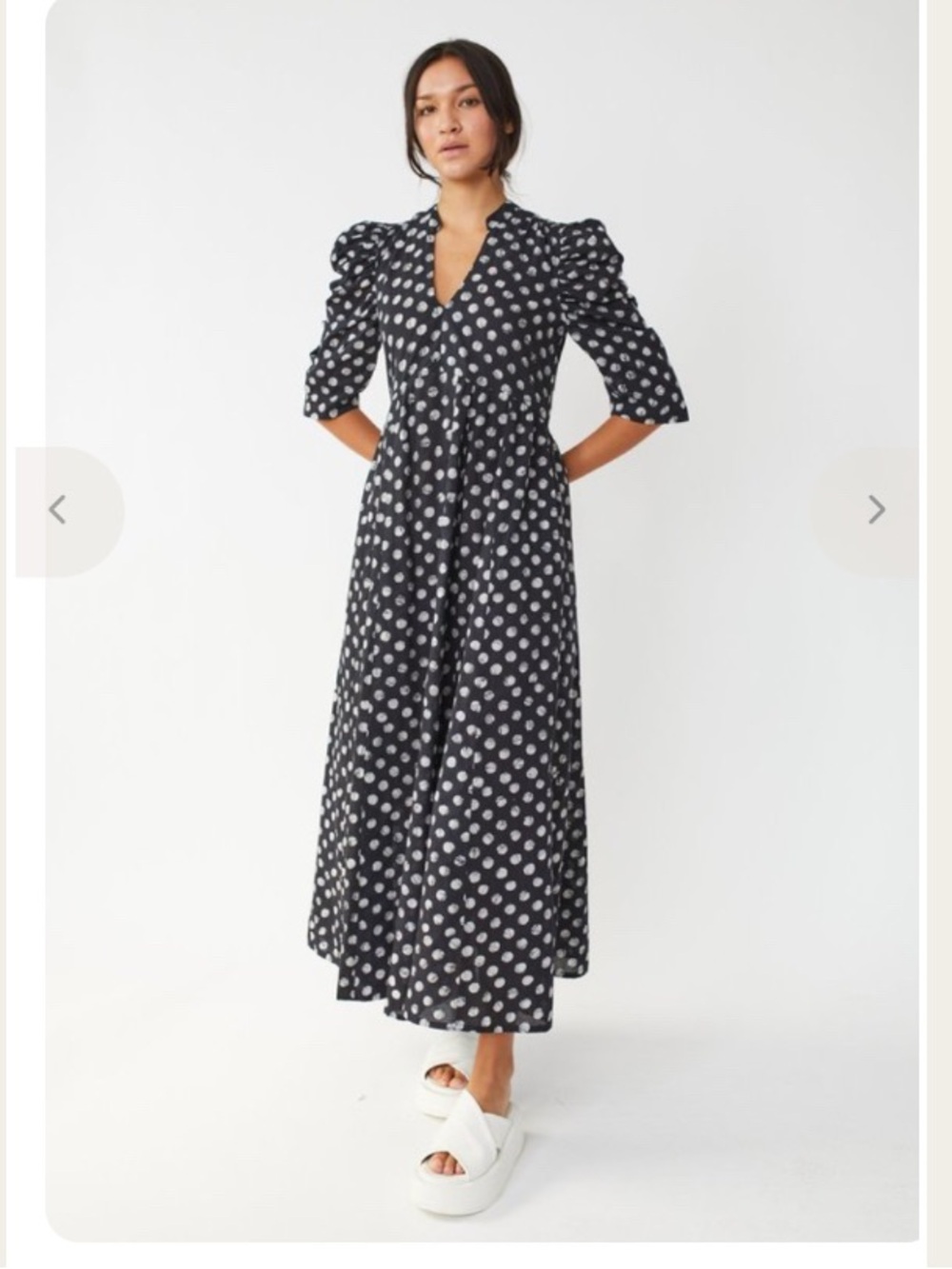 MATTA Vayu Ambu Dress Black Batik Polkadots Maxi Puff Sleeve Pockets Medium